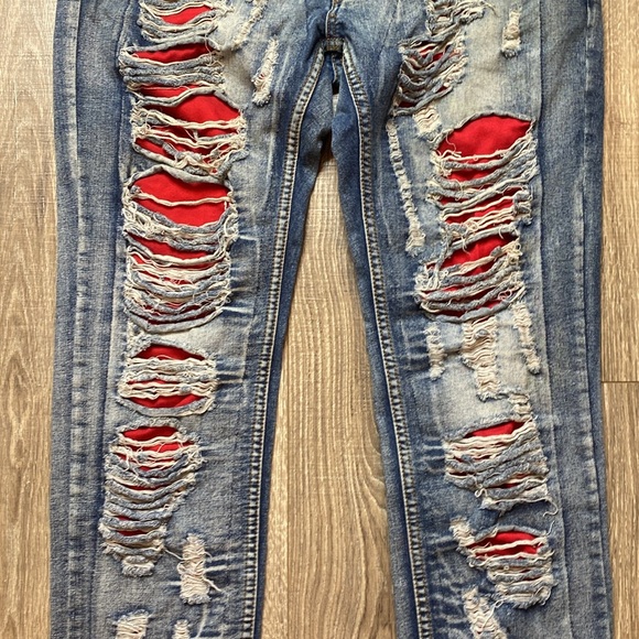 Rogue Vintage distressed street ripped blue red jeans, size 38 x 33 - Picture 3 of 11
